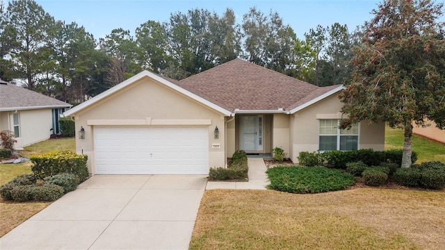 ranch-style home featuring a garage and a front lawn