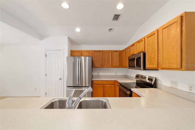 kitchen featuring sink, vaulted ceiling, stainless steel appliances, and kitchen peninsula