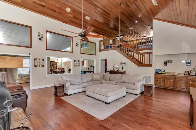 living room featuring wood ceiling, ceiling fan, high vaulted ceiling, and hardwood / wood-style floors