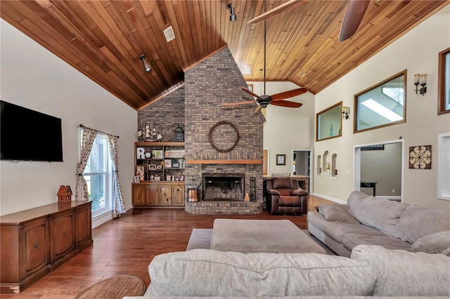 living room featuring hardwood / wood-style flooring, a brick fireplace, wood ceiling, and high vaulted ceiling