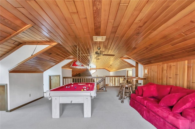 recreation room featuring wood ceiling, billiards, ceiling fan, and vaulted ceiling