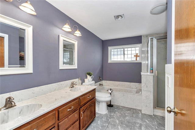 full bathroom with shower with separate bathtub, vanity, and toilet