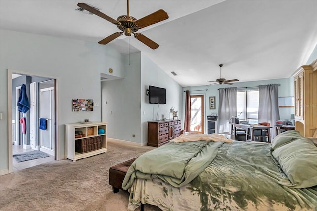 bedroom with light carpet, ensuite bath, high vaulted ceiling, and ceiling fan