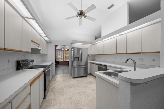 kitchen featuring sink, ceiling fan, stainless steel appliances, tasteful backsplash, and vaulted ceiling