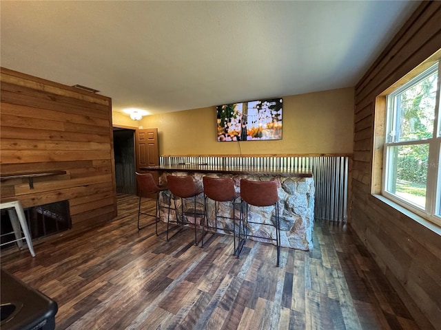 bar with dark hardwood / wood-style floors and wood walls