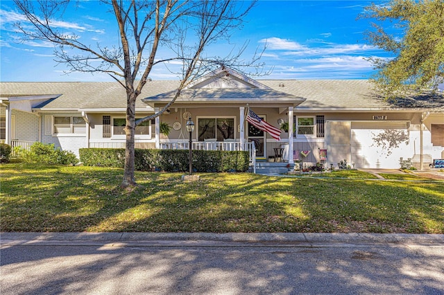 ranch-style house with a porch, a garage, and a front yard