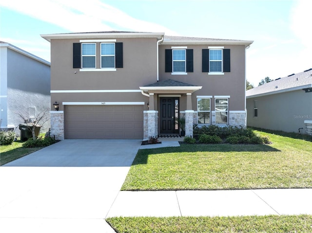 view of front of home with stucco siding, a garage, stone siding, driveway, and a front lawn