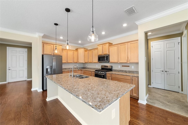 kitchen with light stone counters, appliances with stainless steel finishes, sink, and a center island with sink