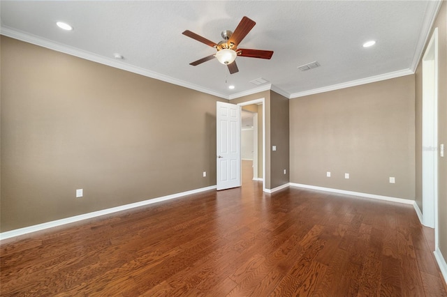 unfurnished bedroom with crown molding, ceiling fan, and dark hardwood / wood-style floors