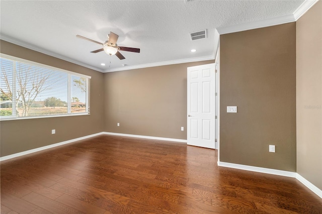 unfurnished room with dark hardwood / wood-style flooring, a textured ceiling, ornamental molding, and ceiling fan