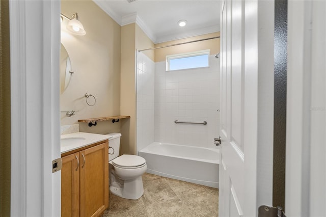 full bathroom featuring vanity, shower / bathing tub combination, ornamental molding, tile patterned floors, and toilet