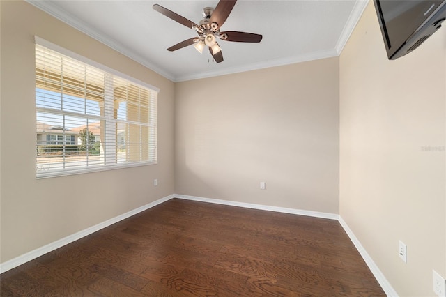 unfurnished room with dark hardwood / wood-style flooring, crown molding, and ceiling fan