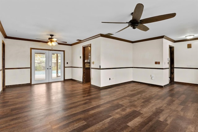 spare room with dark hardwood / wood-style floors, ornamental molding, french doors, and ceiling fan