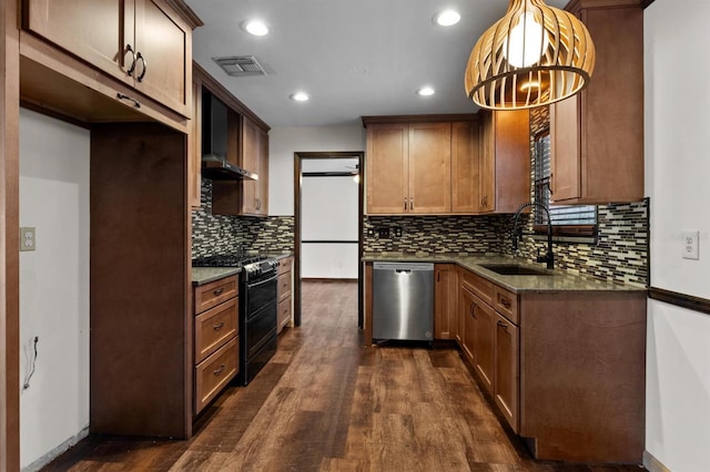 kitchen featuring dishwasher, sink, black range with gas stovetop, dark stone counters, and wall chimney exhaust hood