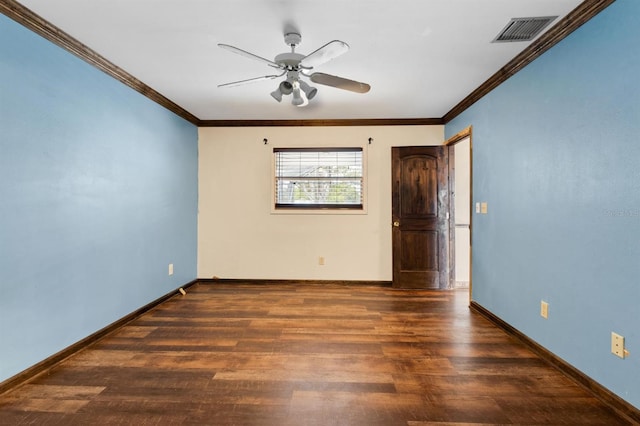 unfurnished room featuring ceiling fan, ornamental molding, and dark hardwood / wood-style floors