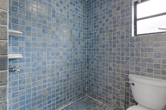 bathroom featuring toilet and tile walls