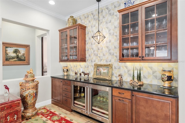 bar with wine cooler, pendant lighting, backsplash, ornamental molding, and a bar