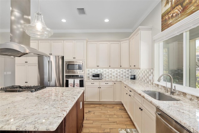 kitchen featuring stainless steel appliances, visible vents, ornamental molding, a sink, and island range hood