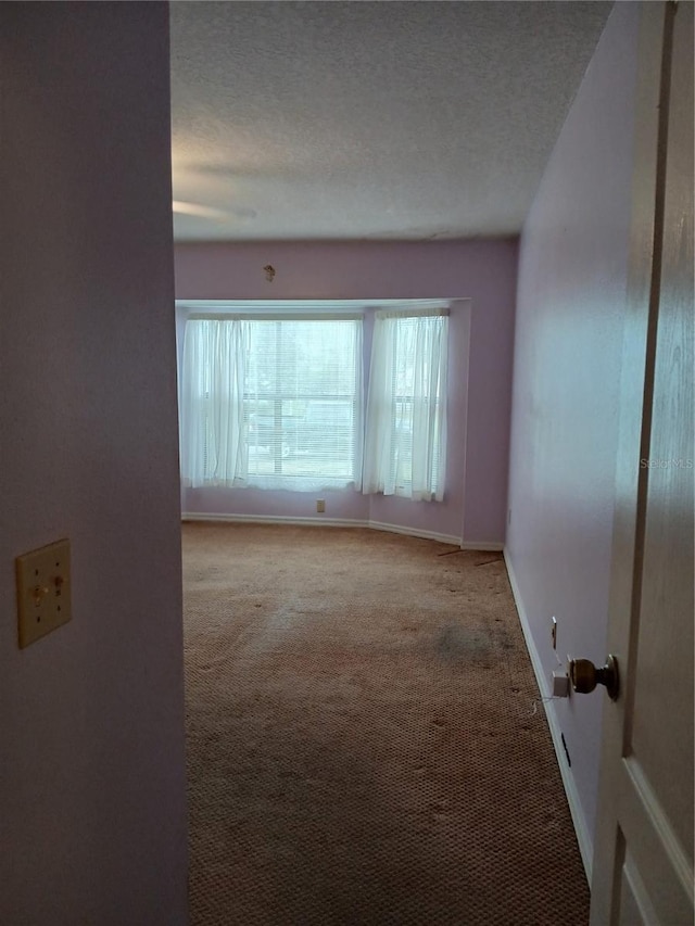 empty room featuring light colored carpet, a textured ceiling, and baseboards