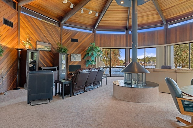 office featuring wooden ceiling, wood walls, and carpet flooring