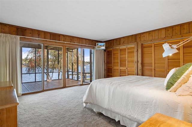 bedroom featuring two closets, wooden walls, carpet flooring, access to outside, and a water view