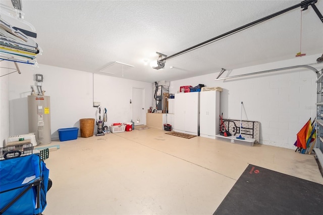 garage featuring a garage door opener and water heater