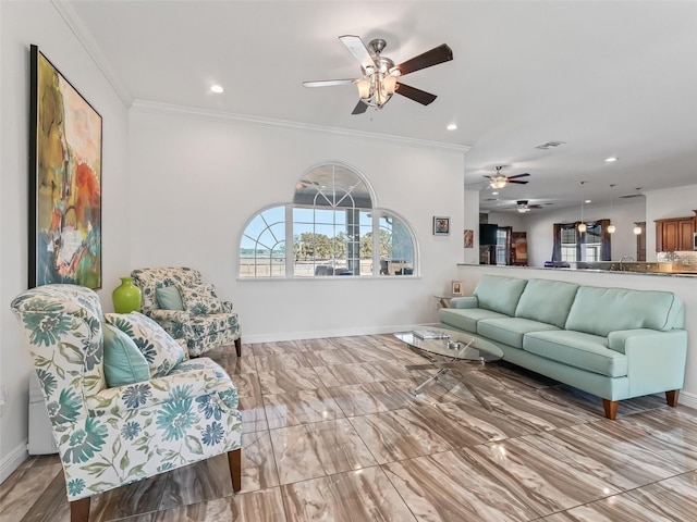 living room featuring crown molding and ceiling fan