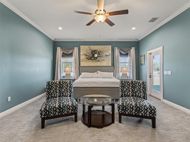 bedroom with multiple windows, access to outside, ornamental molding, and ceiling fan