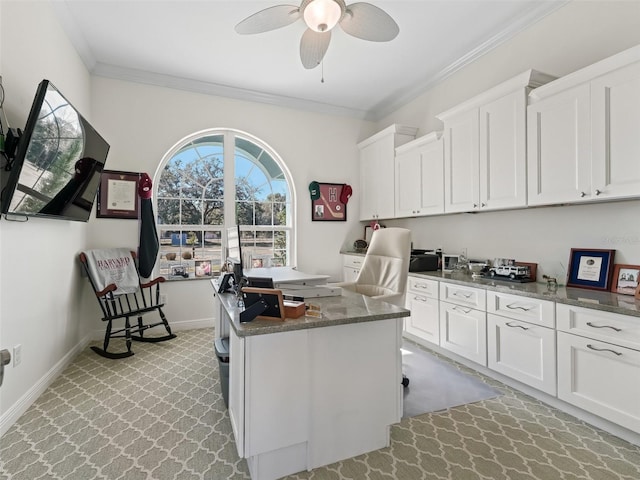 office with crown molding, plenty of natural light, and ceiling fan