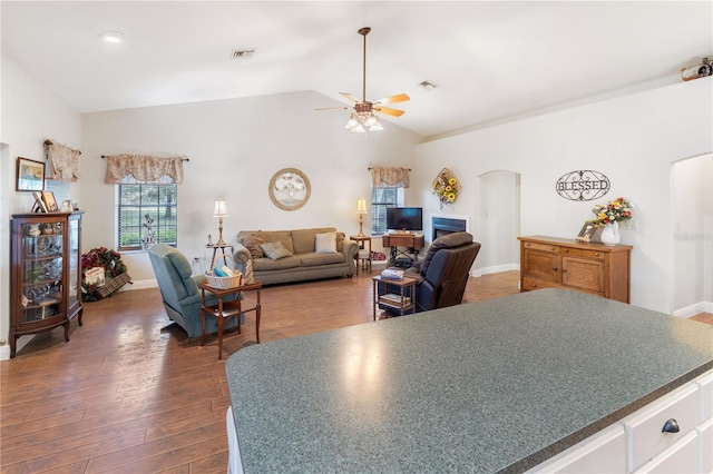 interior space with ceiling fan, lofted ceiling, and dark hardwood / wood-style flooring