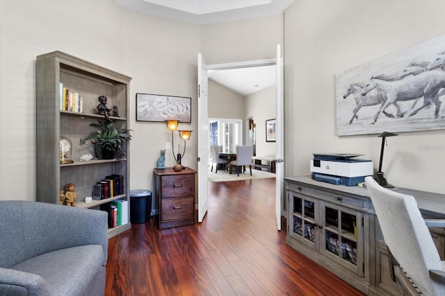 living area with vaulted ceiling and dark wood-type flooring