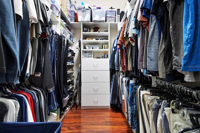 spacious closet with dark hardwood / wood-style flooring