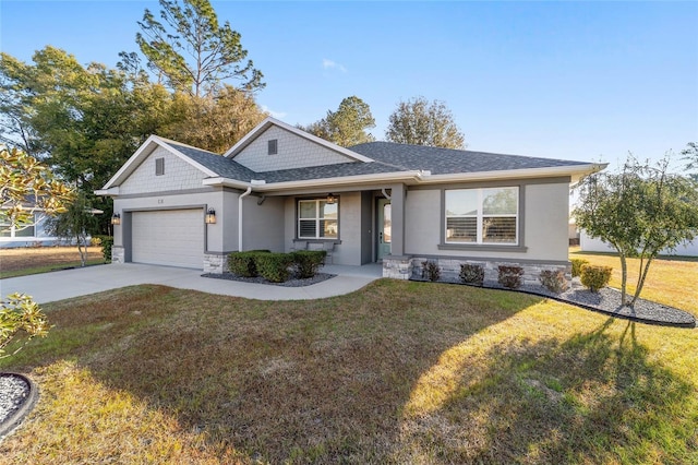 single story home with a garage and a front yard