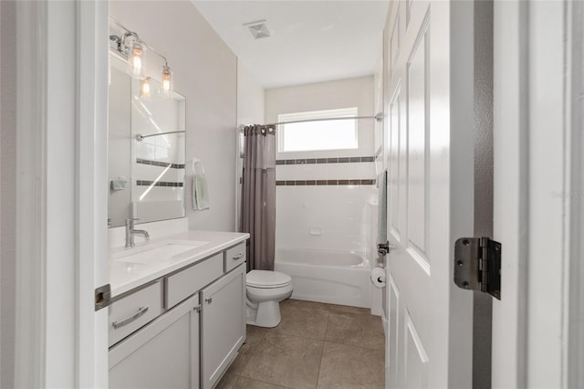 full bathroom with vanity, tile patterned flooring, toilet, and shower / tub combo with curtain