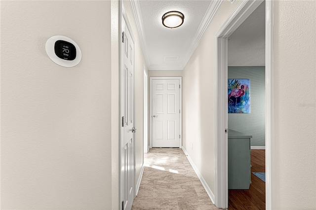 hallway featuring ornamental molding