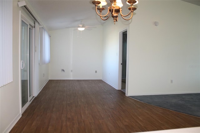 unfurnished room with dark wood-type flooring and ceiling fan with notable chandelier