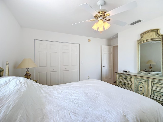 bedroom with ceiling fan and a closet