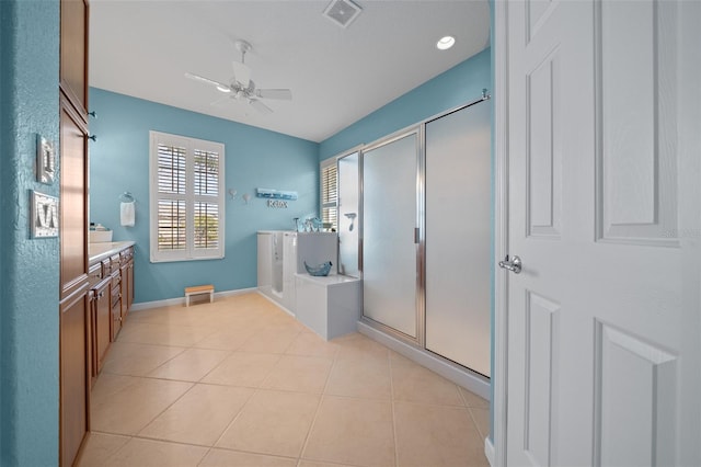 bathroom with ceiling fan, tile patterned floors, separate shower and tub, and vanity