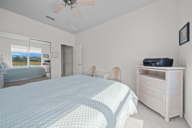 carpeted bedroom with access to outside and ceiling fan