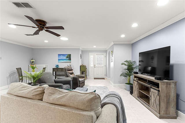 tiled living room featuring ceiling fan and ornamental molding