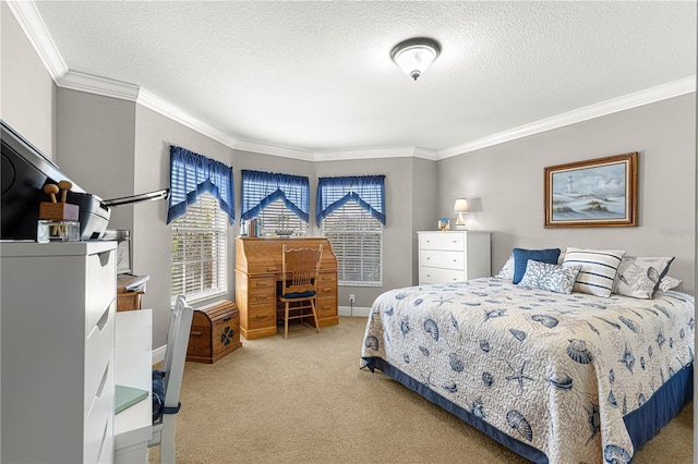 carpeted bedroom with crown molding and a textured ceiling