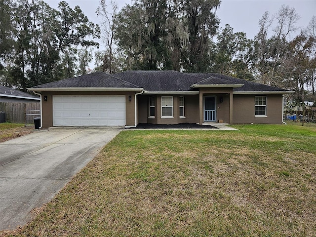 single story home featuring a garage, central AC, and a front yard