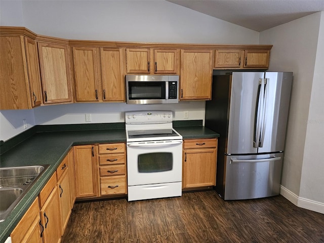 kitchen featuring dark hardwood / wood-style flooring, sink, vaulted ceiling, and appliances with stainless steel finishes