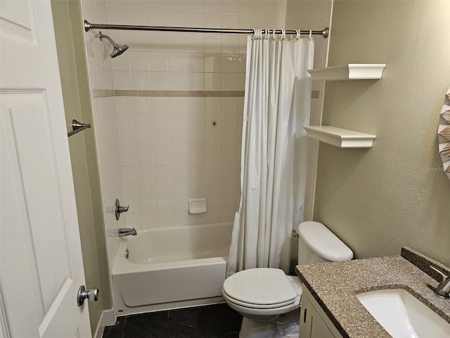 full bathroom featuring vanity, shower / bathtub combination with curtain, and toilet