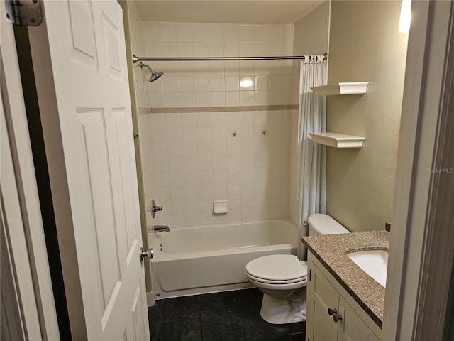 full bathroom featuring vanity, tile patterned flooring, toilet, and shower / bath combo with shower curtain