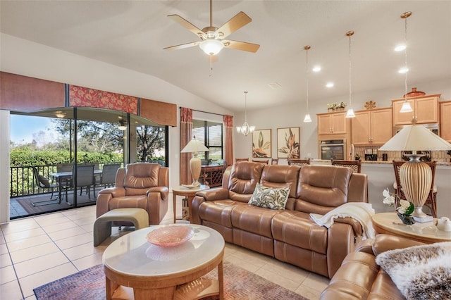 living room with lofted ceiling, ceiling fan with notable chandelier, and light tile patterned floors