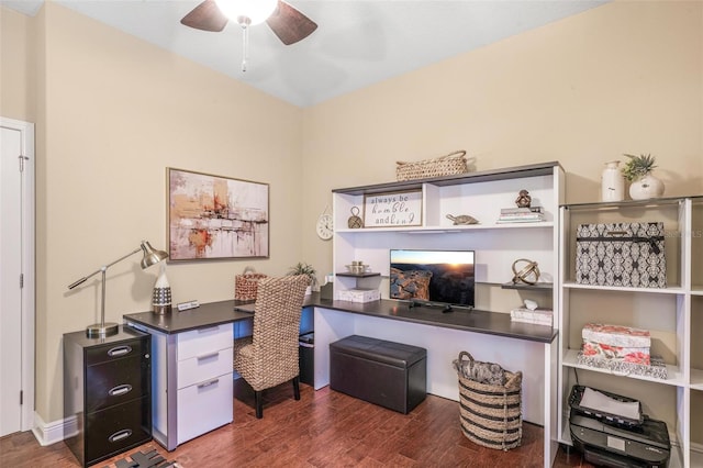 office with dark hardwood / wood-style floors and ceiling fan