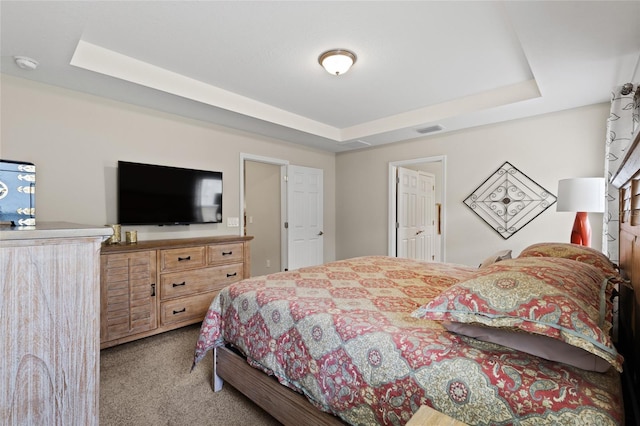 carpeted bedroom featuring a raised ceiling