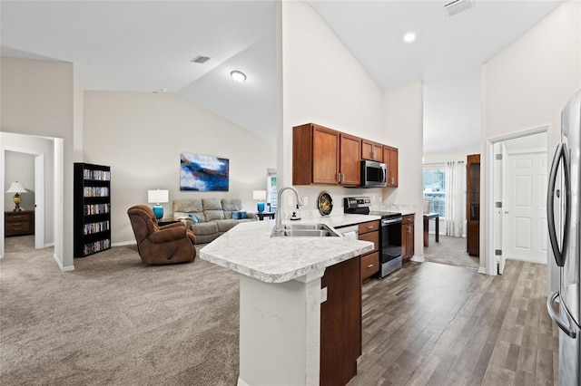 kitchen featuring sink, stainless steel appliances, high vaulted ceiling, light hardwood / wood-style floors, and kitchen peninsula