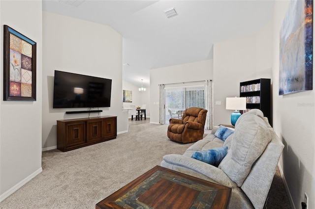 living room featuring lofted ceiling, light carpet, and an inviting chandelier